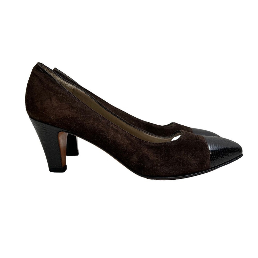 Salvatore Ferragamo Pump‎ Heel Brown Suede Leather Embossed Cap Toe Women Sz 6AA